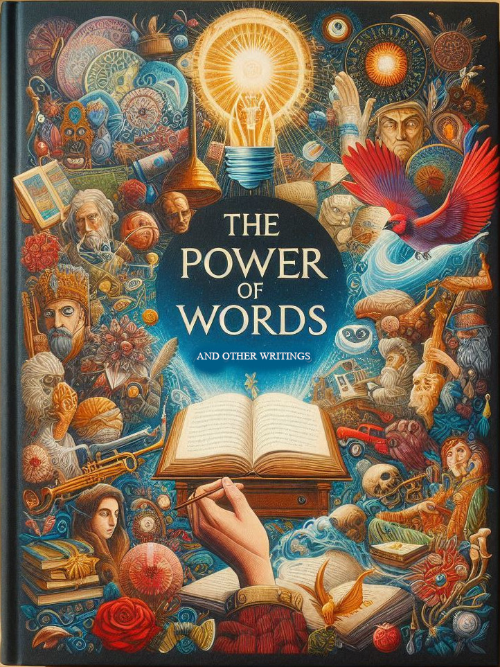 Cover of 'The Power of Words and Other Writings' with an open book at the center and a colorful collage around it.