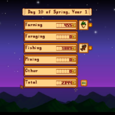Game screen showing Day 10 of Spring, Year 1 with farming 455G, foraging 0G, fishing 1889G, mining 0G, other 0G, total 2344G, OK button at bottom-right.