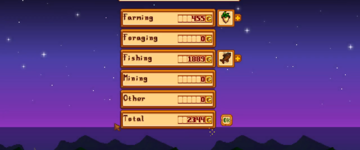 Game screen showing Day 10 of Spring, Year 1 with farming 455G, foraging 0G, fishing 1889G, mining 0G, other 0G, total 2344G, OK button at bottom-right.