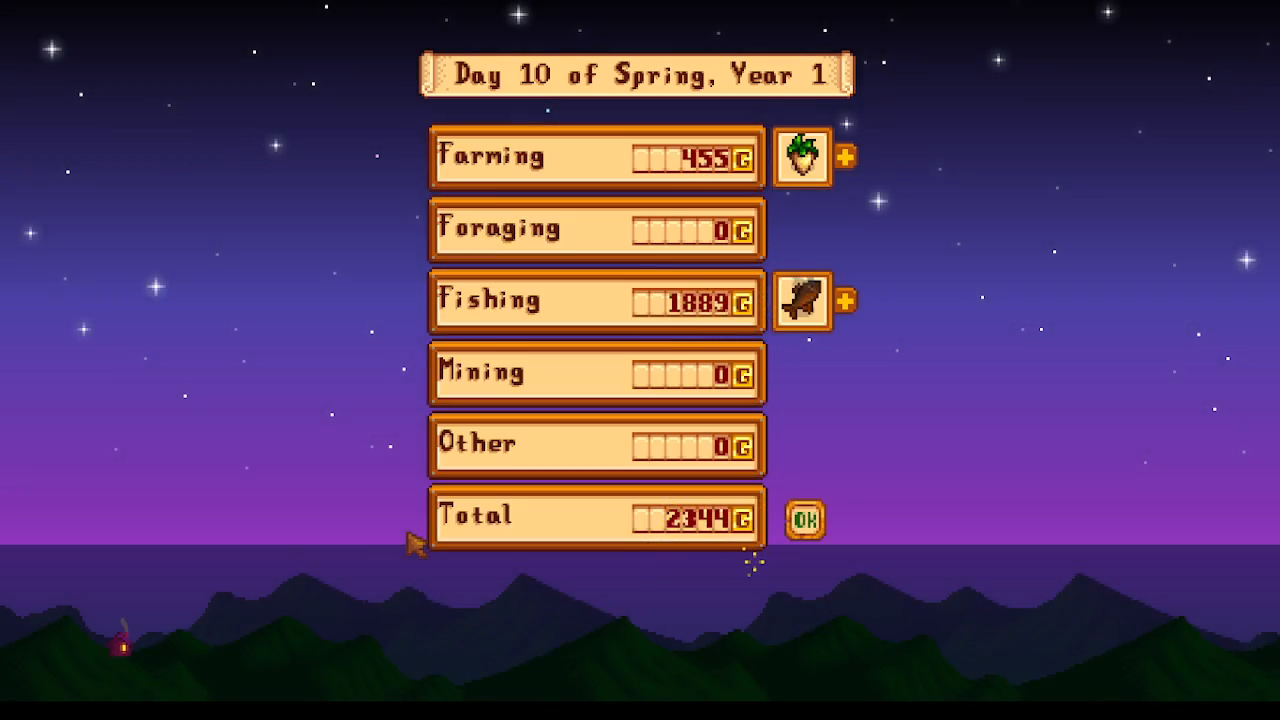 Game screen showing Day 10 of Spring, Year 1 with farming 455G, foraging 0G, fishing 1889G, mining 0G, other 0G, total 2344G, OK button at bottom-right.