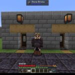 Minecraft screenshot: a player in dark armor stands between two wooden doors in a gray stone-brick building, with lanterns and a paved path.