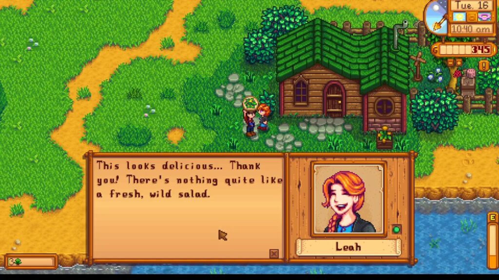 Pixel-art RPG scene: Leah speaks from a dialogue box beside a log cabin; text about a fresh, wild salad is shown.