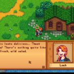 Pixel-art RPG scene: Leah speaks from a dialogue box beside a log cabin; text about a fresh, wild salad is shown.