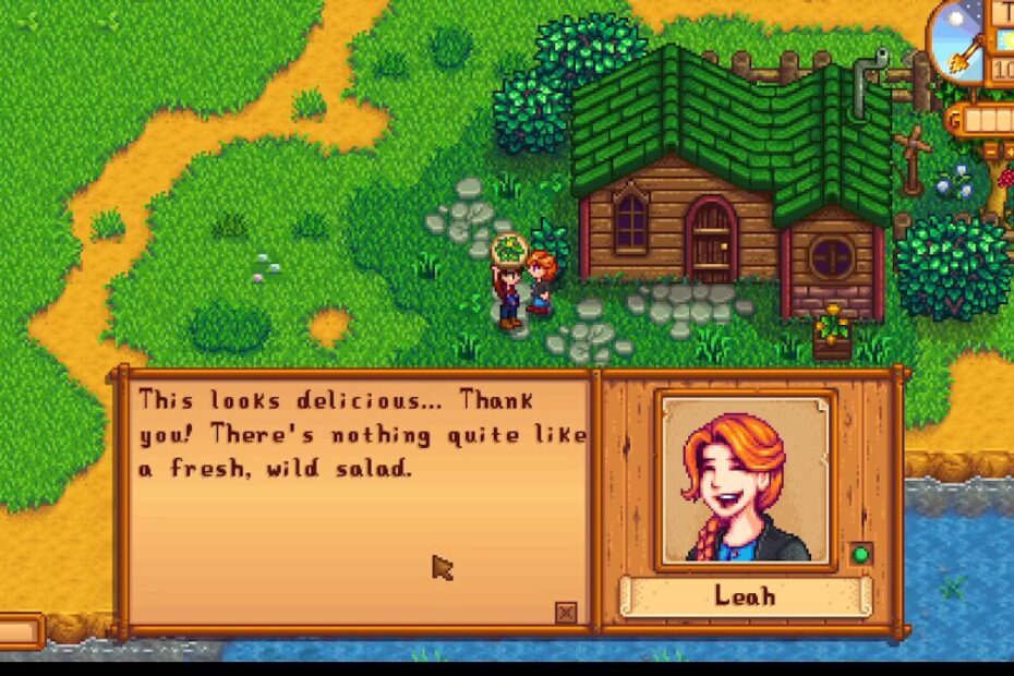 Pixel-art RPG scene: Leah speaks from a dialogue box beside a log cabin; text about a fresh, wild salad is shown.