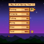 In-game day-summary: earnings by activity with Farming 409G, other categories 0G; Total 409G, set against a starry night and mountains background.