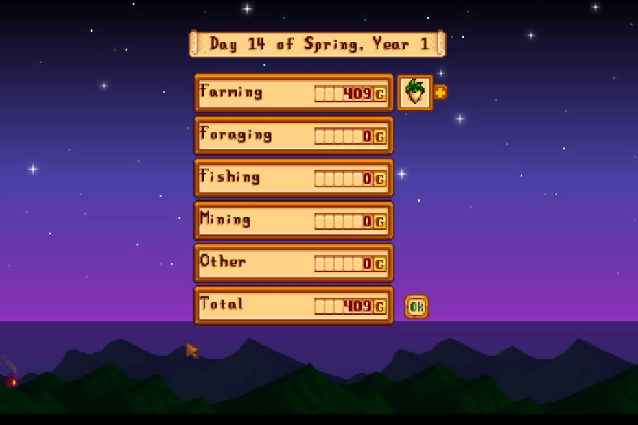 In-game day-summary: earnings by activity with Farming 409G, other categories 0G; Total 409G, set against a starry night and mountains background.