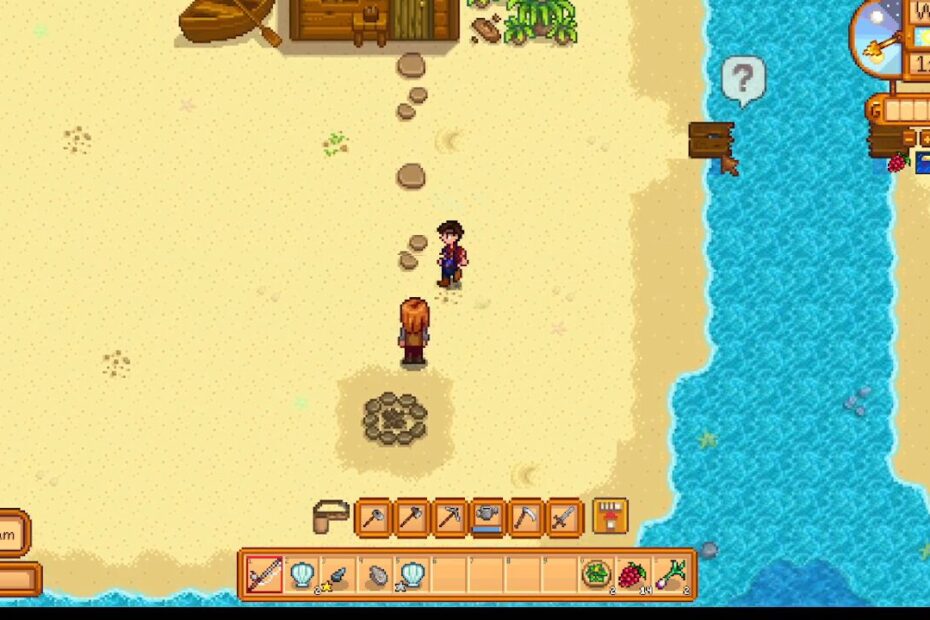 Top-down beach scene: two characters stand on sand near a small circular stone pit, with a wooden shack up ahead and a blue river on the right.