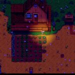 Top-down pixel-art farm at night: wooden cabin with a small porch, vegetable garden beds in front, and a lone farmer on the path