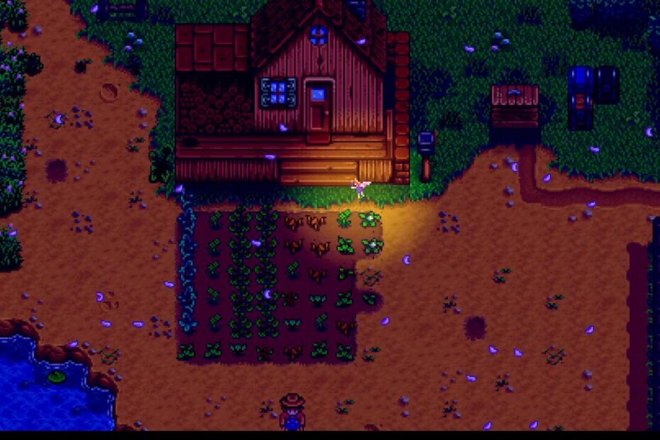 Top-down pixel-art farm at night: wooden cabin with a small porch, vegetable garden beds in front, and a lone farmer on the path