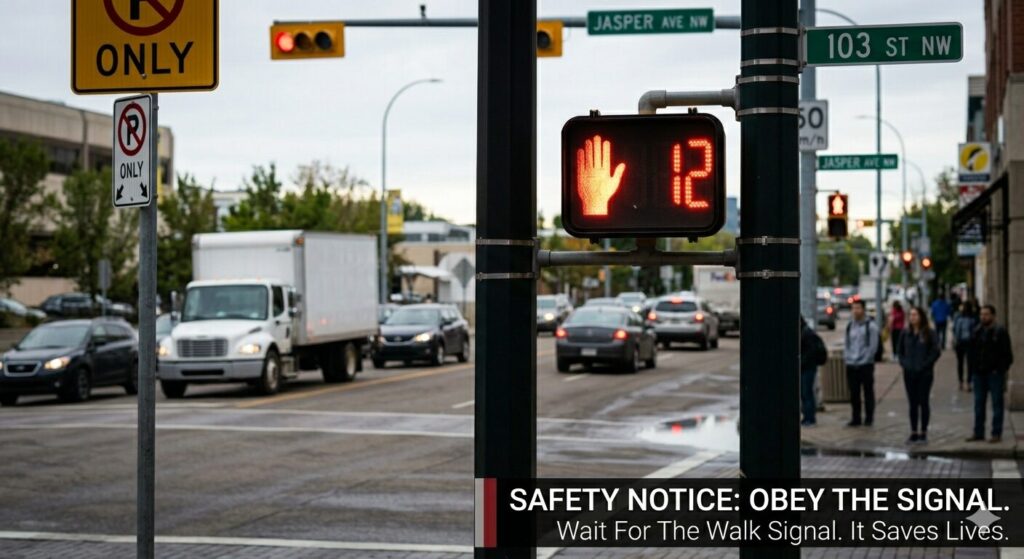 Crosswalk with a pedestrian signal displaying '12' and a red hand; street signs and a safety banner about obeying signals.