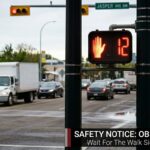 Crosswalk with a pedestrian signal displaying '12' and a red hand; street signs and a safety banner about obeying signals.