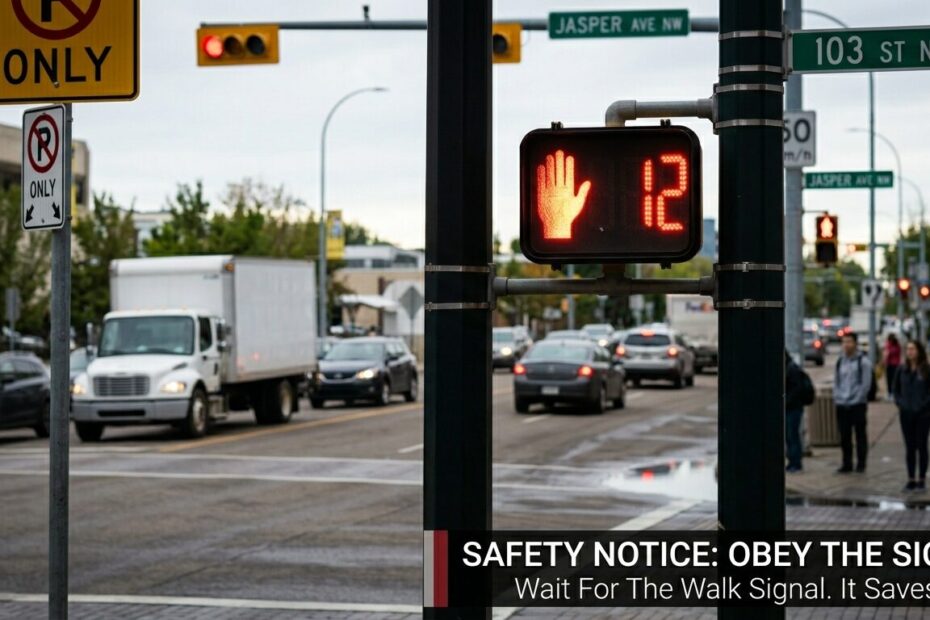 Crosswalk with a pedestrian signal displaying '12' and a red hand; street signs and a safety banner about obeying signals.