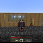 Minecraft scene: a player in dark armor stands on a dark stone brick roof in front of a light wooden house with large glass windows on the wall.