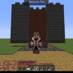 Minecraft scene: player wearing a crown and red/white outfit stands before a tall stone fortress with a wooden door.