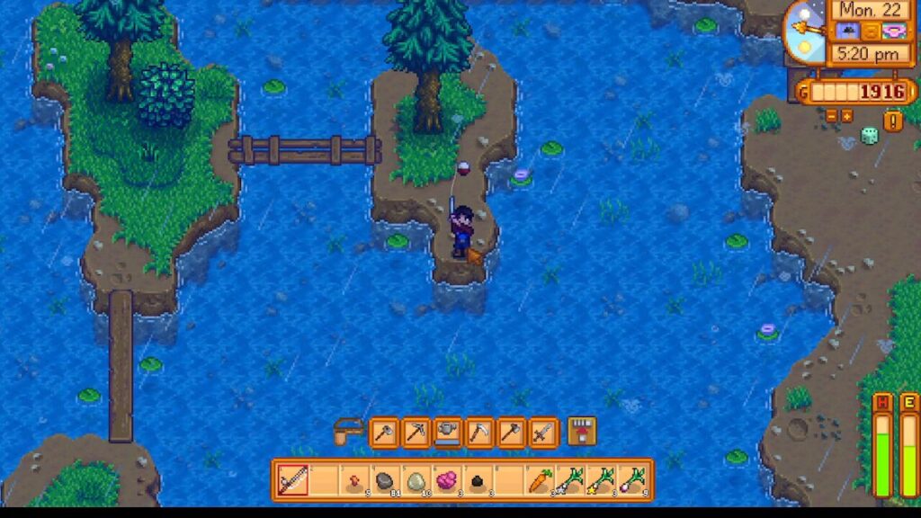 Pixel-art game scene: a character fishing on a small rocky island with a wooden bridge to a grassy island, surrounded by blue water.