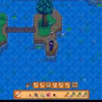 Pixel-art game scene: a character fishing on a small rocky island with a wooden bridge to a grassy island, surrounded by blue water.