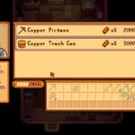 In-game shop window showing Copper Pickaxe (5) for 2000 and Copper Trash Can (5) for 1000; portrait of shopkeeper on the left.