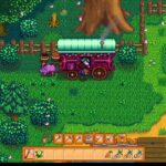 Purple wagon pulled by a pink creature in a green farm field with tools UI at the bottom.